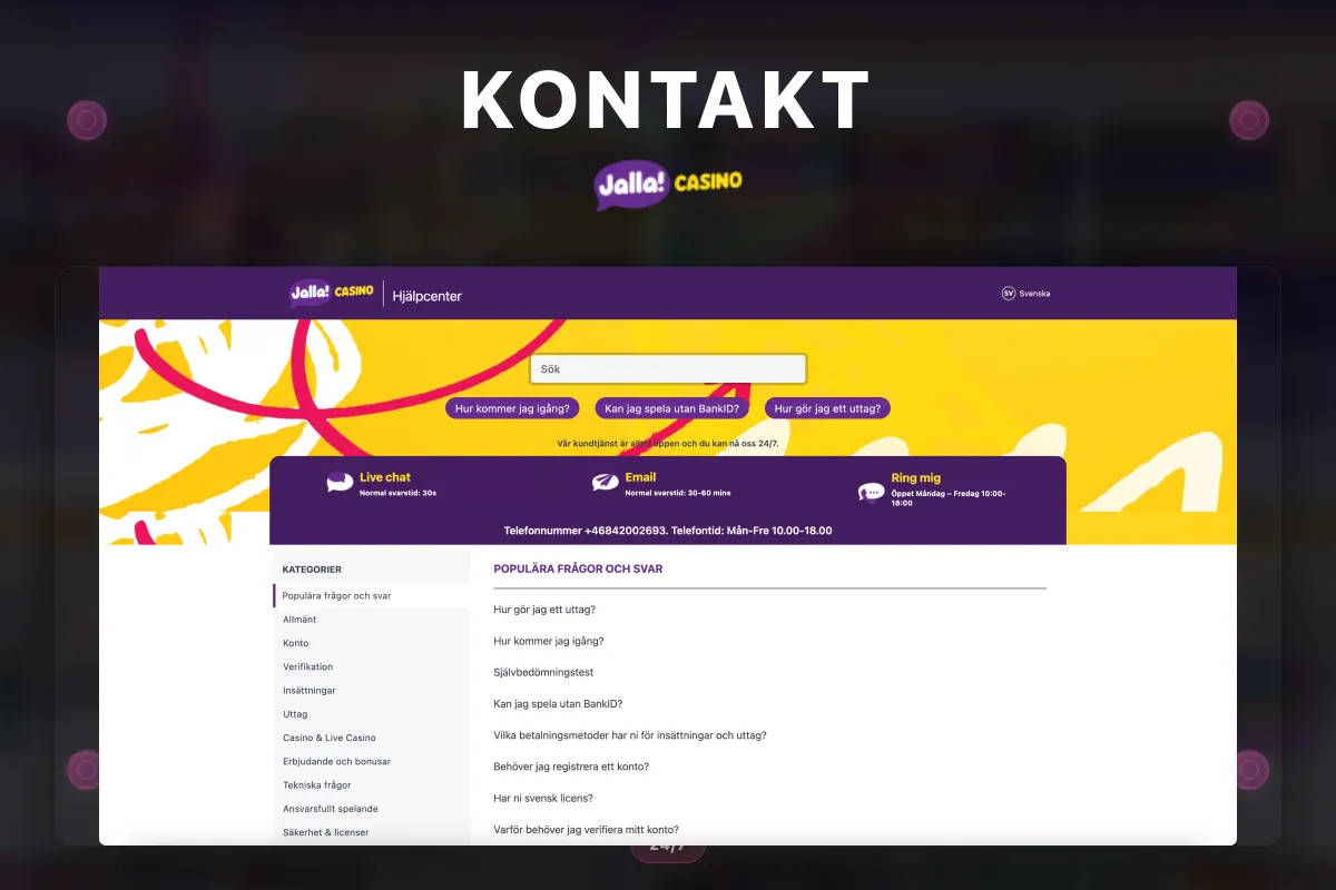 Jalla Casino kundtjänst — chatt, e-post och telefon
